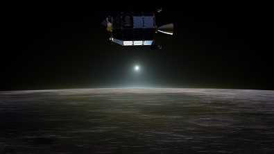 Artistï¿½s concept of NASA's Lunar Atmosphere and Dust Environment Explorer in orbit above the moon as dust scatters light during the lunar sunset.Image Credit: NASA Ames/Dana Berry